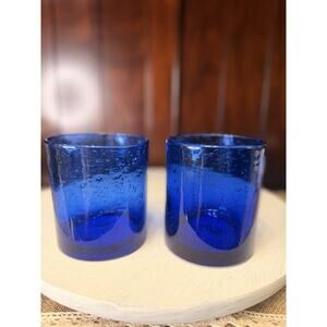 Artland Iris Hand Blown Cobalt Bubble Lowball Whiskey Glasses Set Of 2